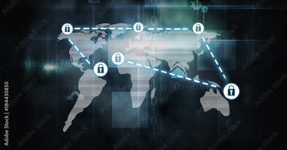 Security lock icons connecting on map Security lock icons connecting on map