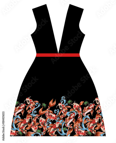Design dress with Japanese carp koi in different poses with waves.