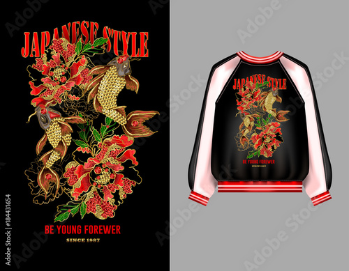 A print for a bomber or a swisshot with embroidery of Japanese carp koi and peony flowers. Patches are embroidered with sequins and beads. Vector illustration.