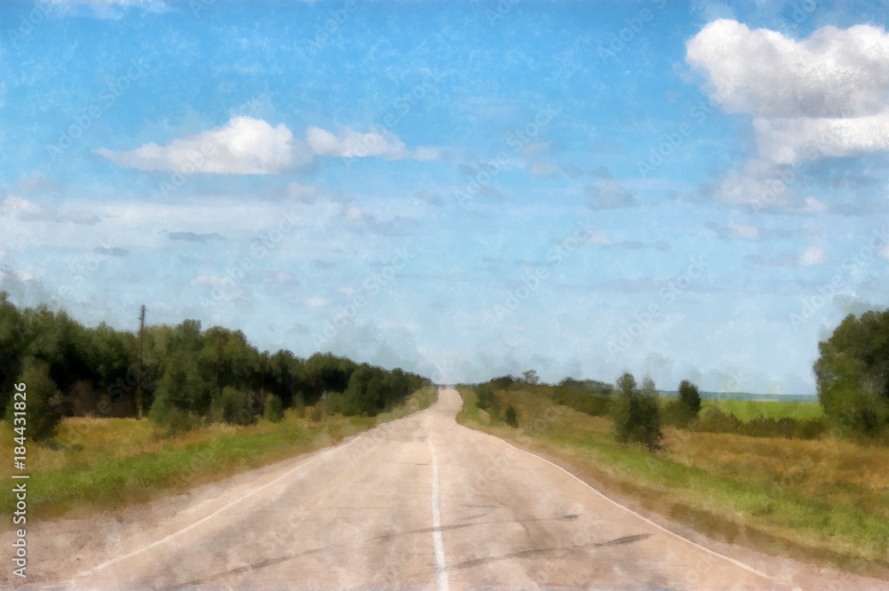 steppe road along the vast fields. Watercolor landscape