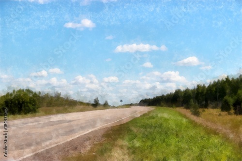 steppe road along the vast fields. Watercolor landscape