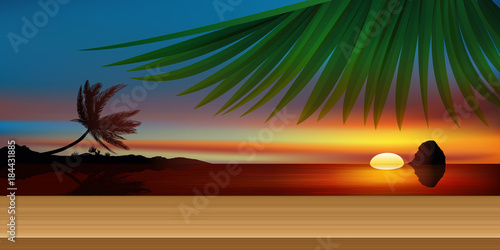 fond - présentation - coucher de soleil - planche - bois - Antilles - arrière plan - feuille de palmier