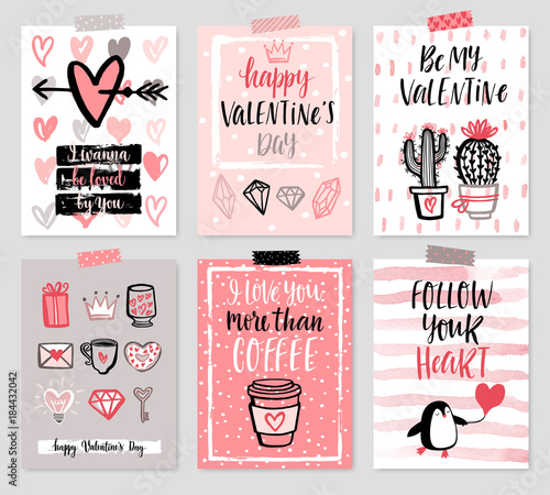 Valentine`s Day card set - hand drawn style with calligraphy.