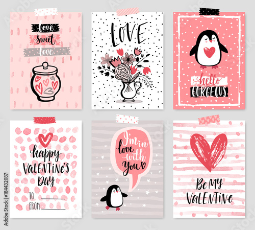 Valentine`s Day card set - hand drawn style with calligraphy.