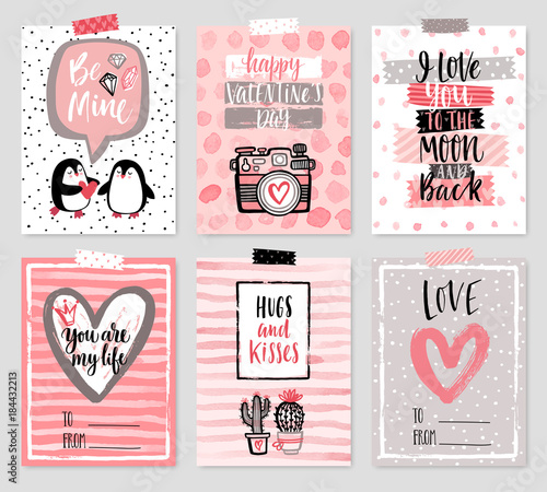 Valentine`s Day card set - hand drawn style with calligraphy.