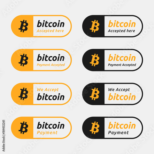 Bitcoin accepted payment button. World crypto currency BTC icon flat design template with text 'bitcoin accepted here' and 'we accept bitcoin'. banner, sign, badge, emblem, sticker, label.