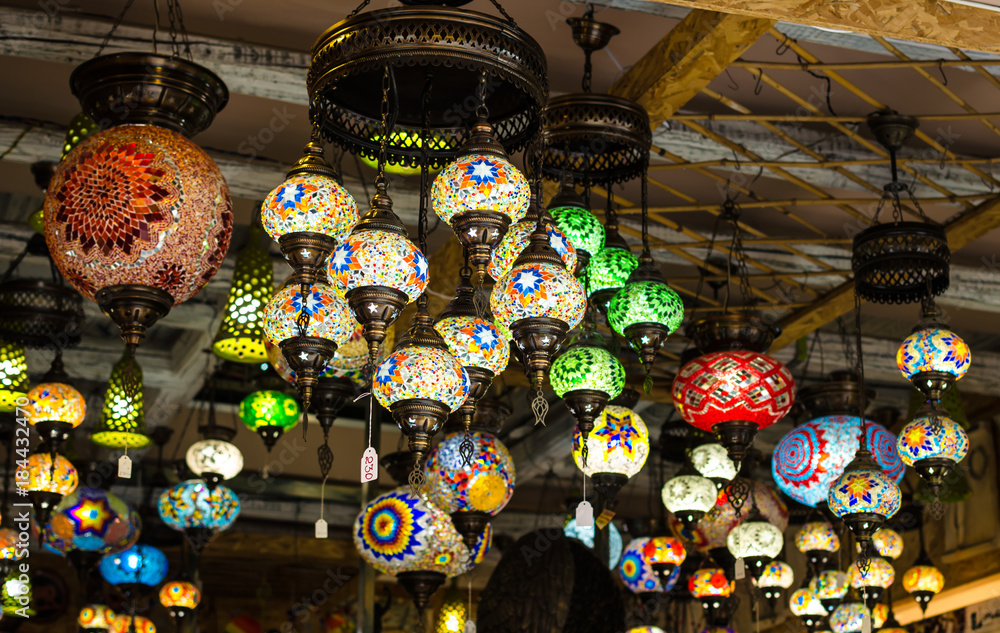GREECE - November, 2017: Bright, colorful lamps in the greek national style, Crete