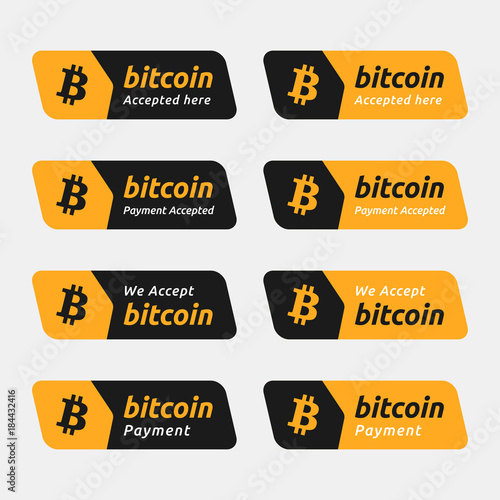 Bitcoin accepted payment button. World crypto currency BTC icon flat design template with text 'bitcoin accepted here' and 'we accept bitcoin'. banner, sign, badge, emblem, sticker, label.
