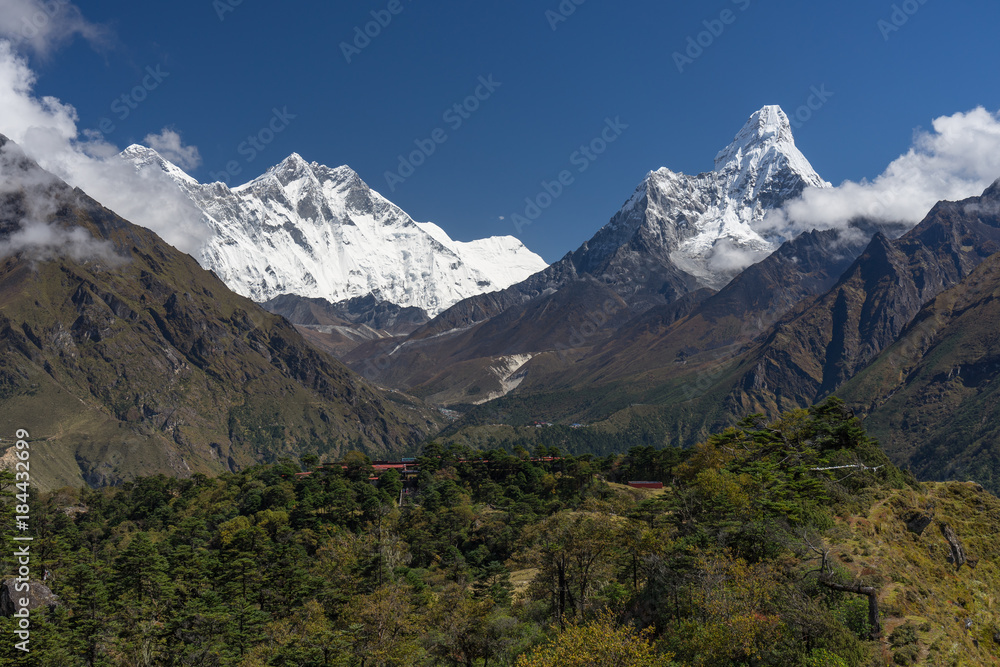Everest, Lhotse, and Ama Dablam mountain peak view, Everest region, Nepal