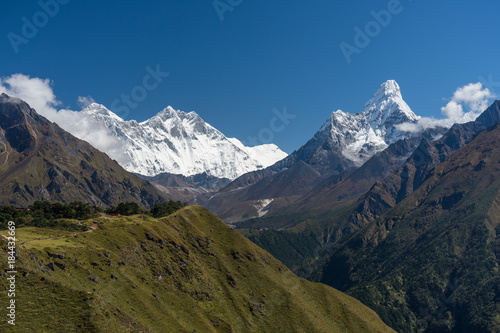 Everest, Lhotse, and Ama Dablam mountain peak view from Namche Bazaar, Everest  region, Nepal © skazzjy