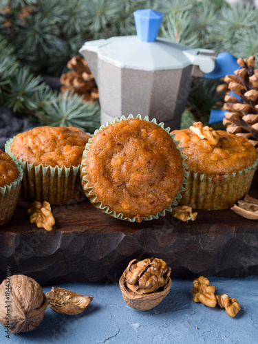 Home made Carrot spiced muffins with walnuts. Winter holiday treat