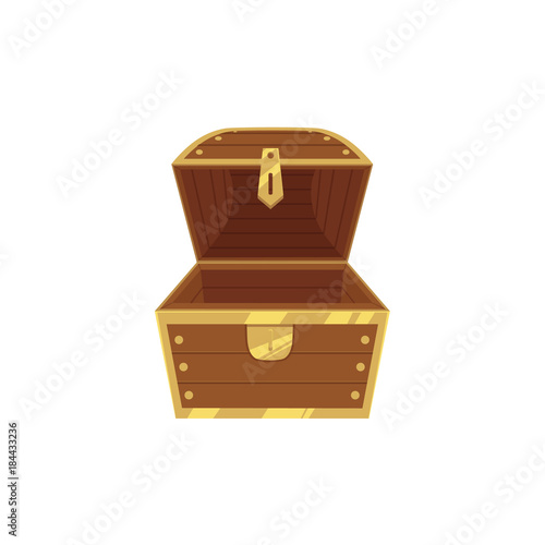 Open empty wooden pirate treasure chest, front view, flat style cartoon vector illustration isolated on white background. Flat style treasure chest, new and empty, nothing inside