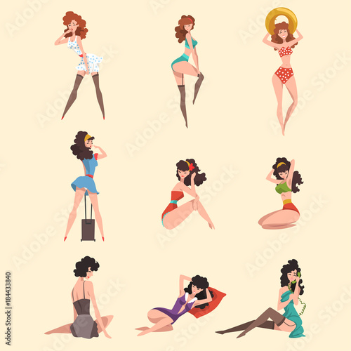 Set of seductive pin up girls in sexy clothing. Females standing and sitting in different posses. Sensual stylish women. Vector characters collection