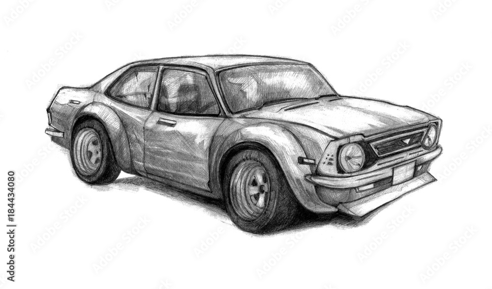 Fototapeta premium Ładny stary samochód szkolny. Pięknie rysowane ręcznie grafiką z pojazdem wyścigowym. Szkic ołówkiem.