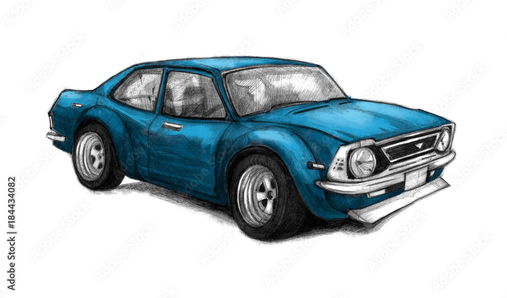 Nice old school car. Beautifully drawn by hand graphic illustration with a blue racing vehicle. Pencil sketch. Nice old school car. Beautifully drawn by hand graphic illustration with a blue racing vehicle. Pencil sketch.