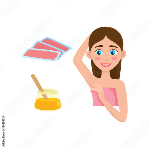 vector flat girl in pink towel showing clean epilated armpit. Hair removal tools, armpit epilation concept and wax strips, hot wax in bowl icon. Isolated illustration on a white background.