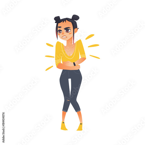 Woman, girl having stomach pain, menstrual crams, diarrhea, indigestion, flat vector illustration isolated on white background. Full length portrait of girl, woman suffering from stomach pain, ache