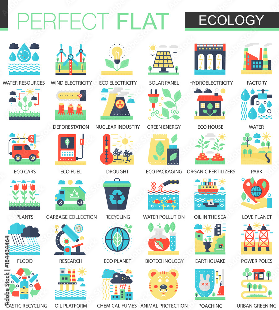 Ecology and green energy vector complex flat icon concept symbols for web infographic design.