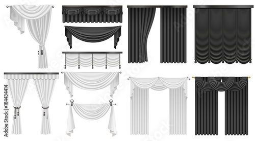 Black and white velvet silk curtains and draperies set. Interior realistic luxury curtains decoration design.