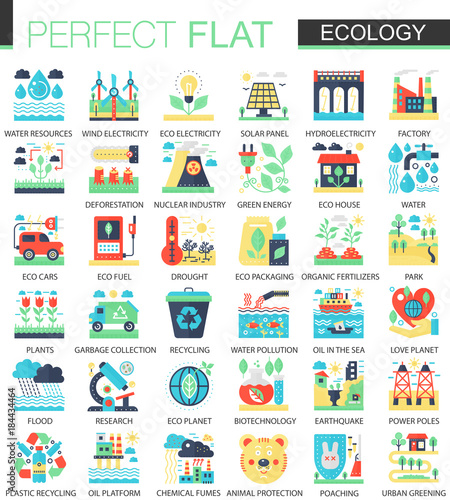 Ecology and green energy vector complex flat icon concept symbols for web infographic design.