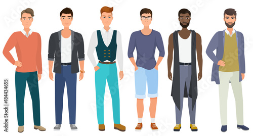 Stylish handsome men dressed in modern casual fashion male style clothes, vector illustration. Cartoon flat vector illustration.