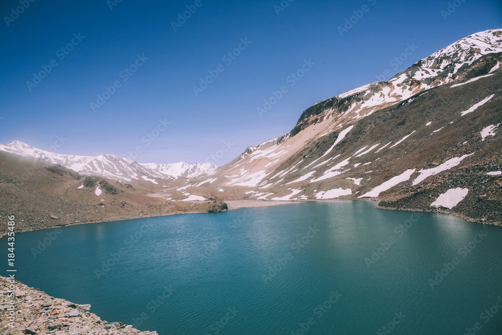 beautiful landscape with calm lake and majestic mountains in Indian Himalayas, Ladakh region