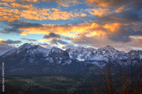 Beautiful sunrise over Tatra mountains in winter, Poland