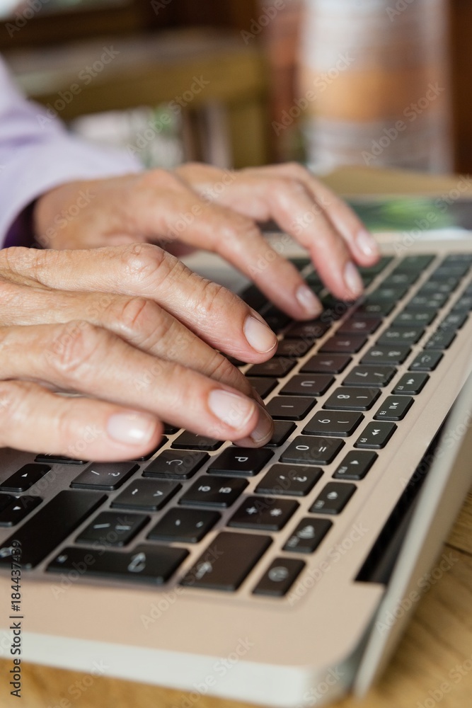 Close up of senior woman typing on laptop Close up of senior woman typing on laptop