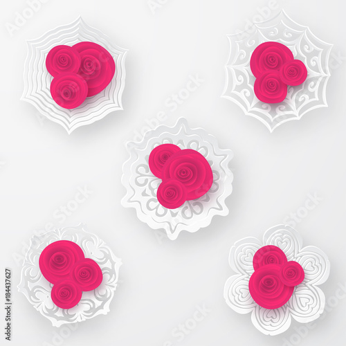 Pink vector roses with paper snowflakes composition on white background. Heart symbol. Romantic background . St. Valentine's Day, 8 march, Woman's day