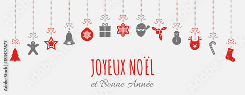 Joyeux Noel - Merry Christmas in French. Christmas card with ornaments. Vector.