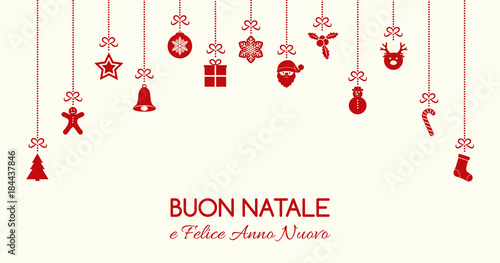 Buon Natale - Merry Christmas in Italian. Christmas card with ornaments. Vector. 