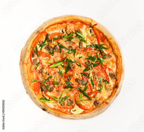 Spicy pizza with chili peppers. Takeaway food with crunchy edges.