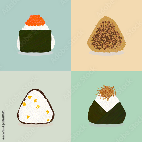 Four types of onigiri. Sticky rice balls. Japanese cuisine. Illustration. Lunch. Topped with salmon roe. Fried with soy sauce. Sweet corn. Topped with small fry fish. Can be used as seamless pattern.