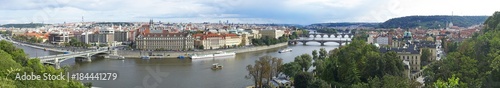 Panoramic view of bridges over Vltava river from Letna Park. Prague, Czech Republic. Stitched panorama