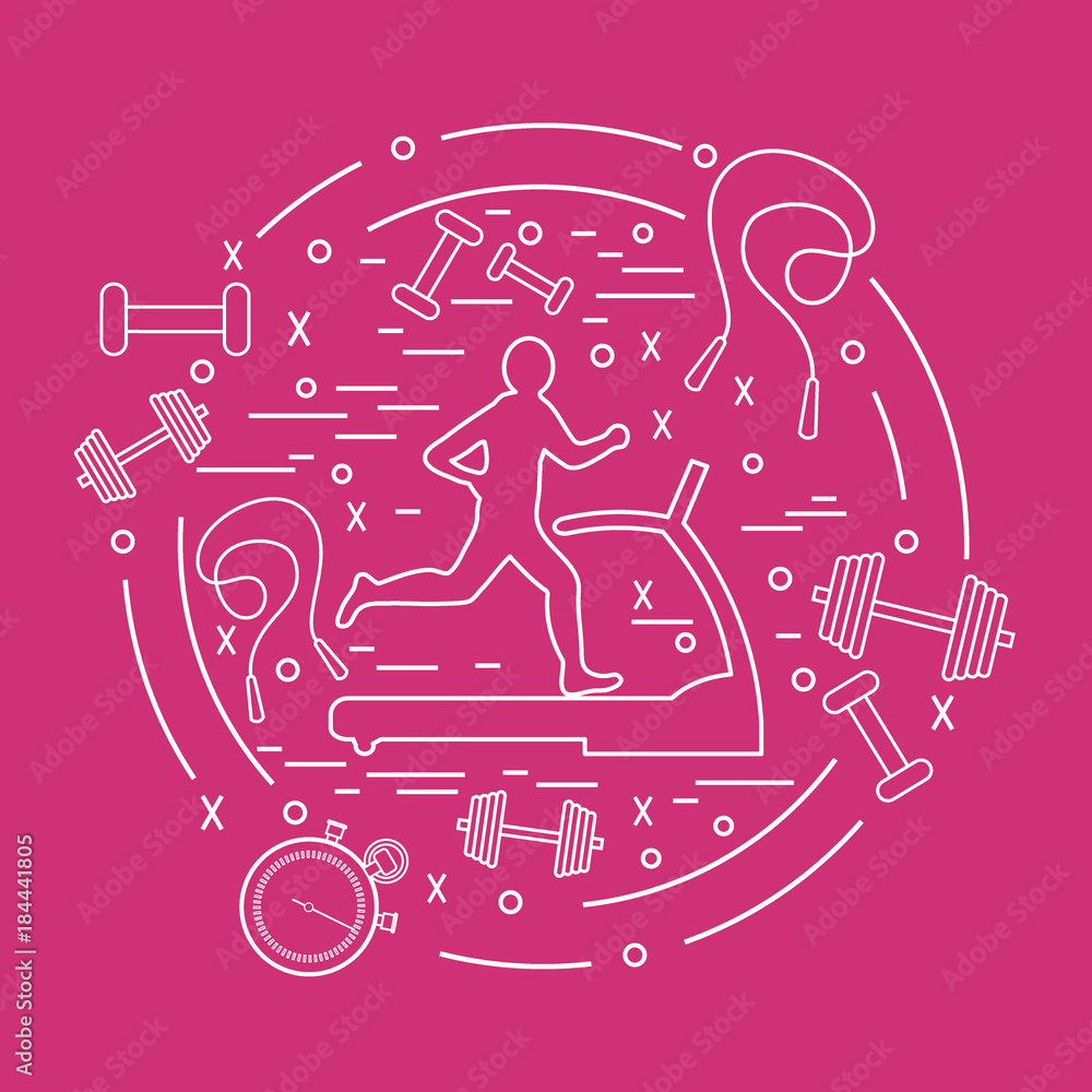 Fototapeta premium Vector illustration of the man jogging on a treadmill and different kinds of sports equipment arranged in a circle.