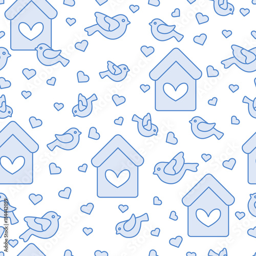 Seamless pattern with birds, birdhouses and hearts