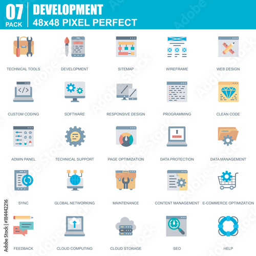 Flat web design and development icons set for website and mobile site and apps. Contains such Icons as Software, Programming, Sync. 48x48 Pixel Perfect. Editable Stroke. Vector illustration.
