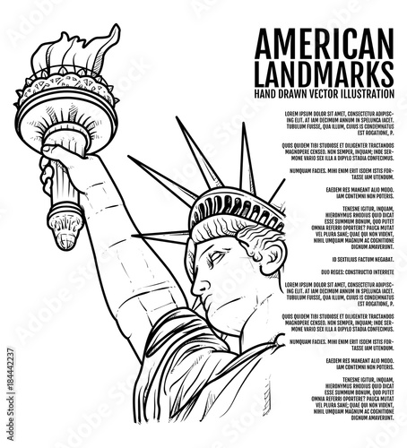 The Statue of Liberty Hand Drawn vector Illustration, American Landmarks outline, Lady Liberty on white background, doodle line