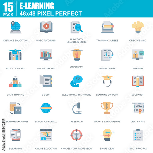 Flat online education, e-learning, e-book icons set for website and mobile site and apps. Contains such Icons as Book, Library, Webinar. 48x48 Pixel Perfect. Editable Stroke. Vector illustration.