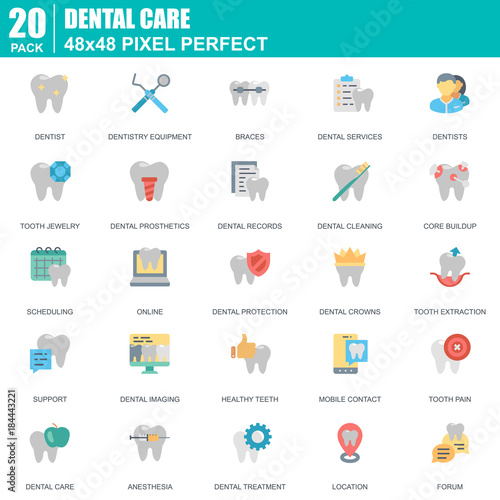 Flat dental care, dentistry equipment, hygiene icons set for website and mobile site and apps. Contains such Icons as Dentist, Braces. 48x48 Pixel Perfect. Editable Stroke. Vector illustration.