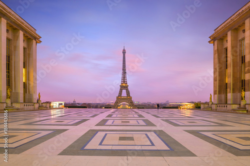 Eiffel Tower at sunrise from Trocadero Fountains in Paris