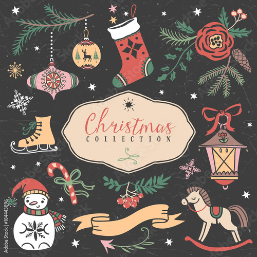 Christmas set of hand drawn festive illustrations. Design elements.