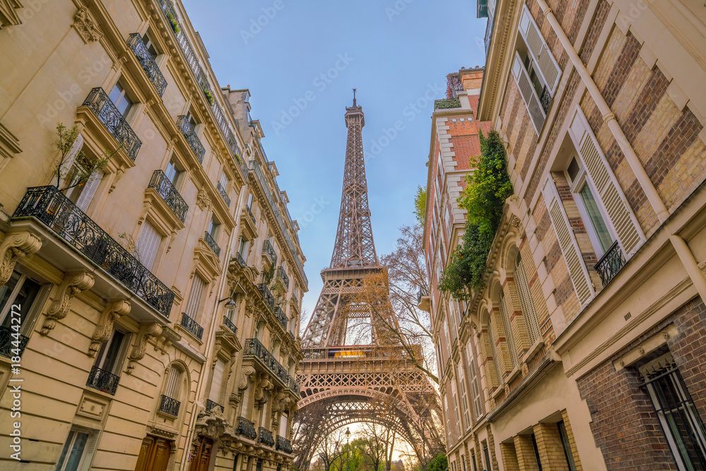 The Eiffel Tower and vintage buildings in Paris
