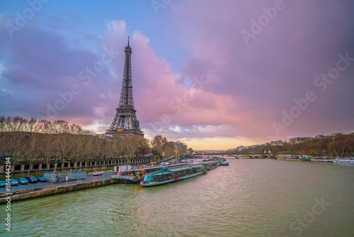 The Eiffel Tower and river Seine at twilight in Paris