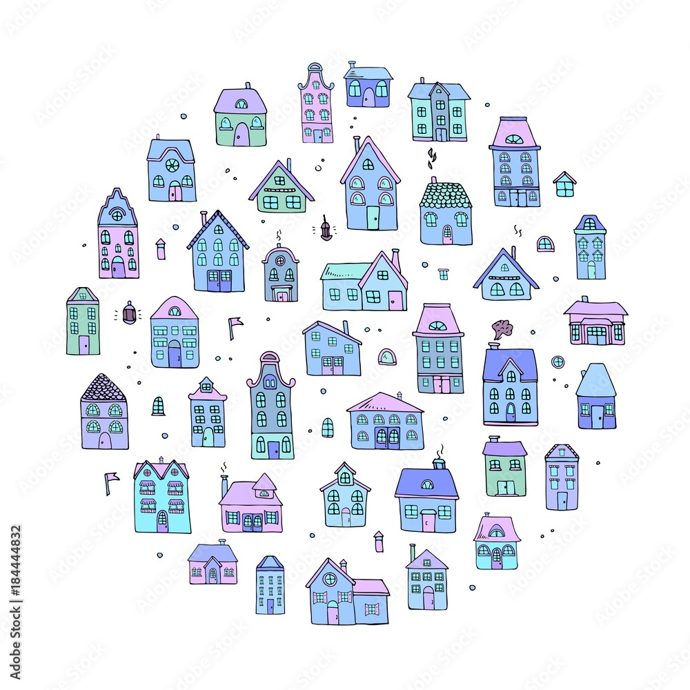 Hand drawn doodle winter street homes icons set. Vector illustration. Cottage symbol collection. Cartoon village buildings various sketch architectural elements: residential houses, housing, property