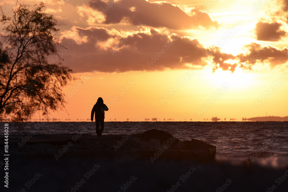 Man Walking at Pebble Sea Beach at Sunset Silhouette