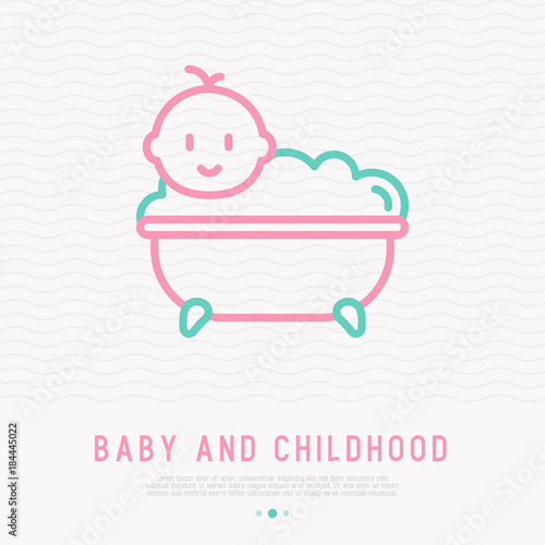 Funny baby in bathtub with bubbles thin line icon. Modern vector illustration.