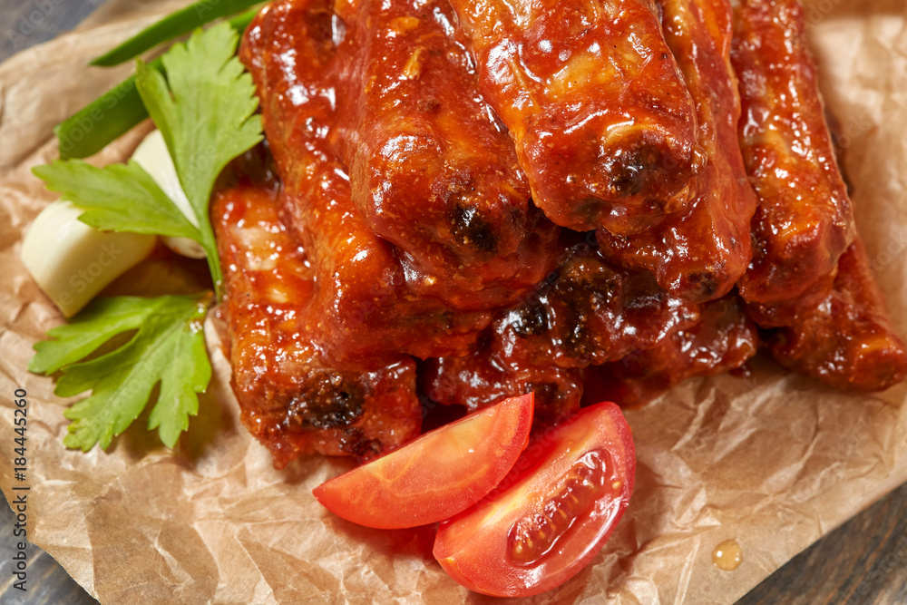 Grilled pork ribs with sauce and caramelized in honey Grilled pork ribs with sauce and caramelized in honey