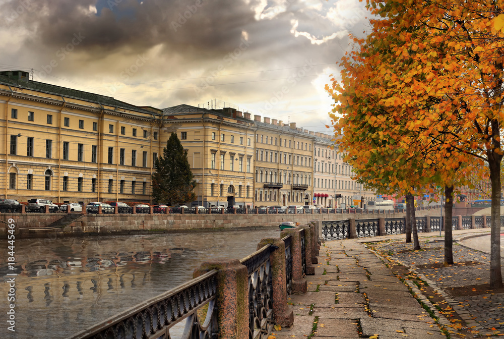 The Fontanka river embankment in autumn in Saint-Petersburg