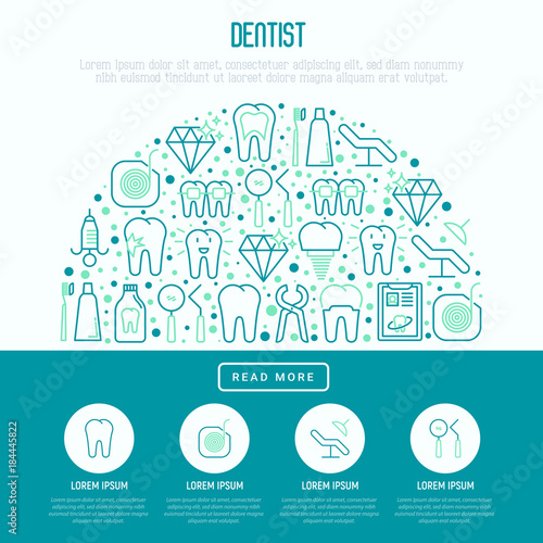 Dentist concept in half circle with thin line icons of tooth, implant, dental floss, crown, toothpaste, medical equipment. Modern vector illustration for banner, web page, print media.